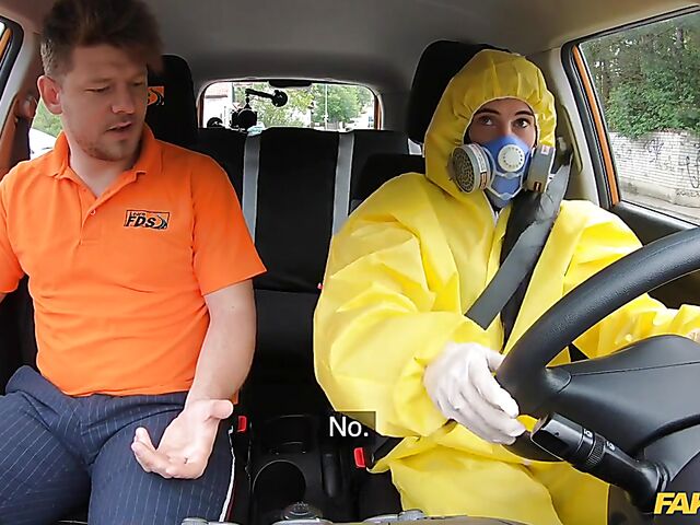Crazy sex in car with student driver Lexi Dona in hazmat suit and lace lingerie