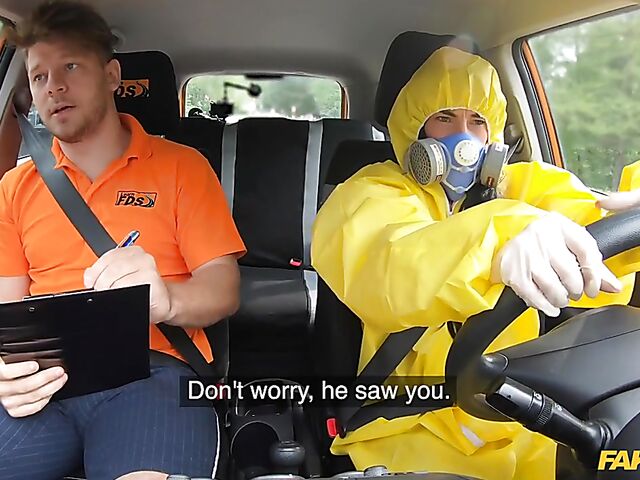 Crazy sex in car with student driver Lexi Dona in hazmat suit and lace lingerie