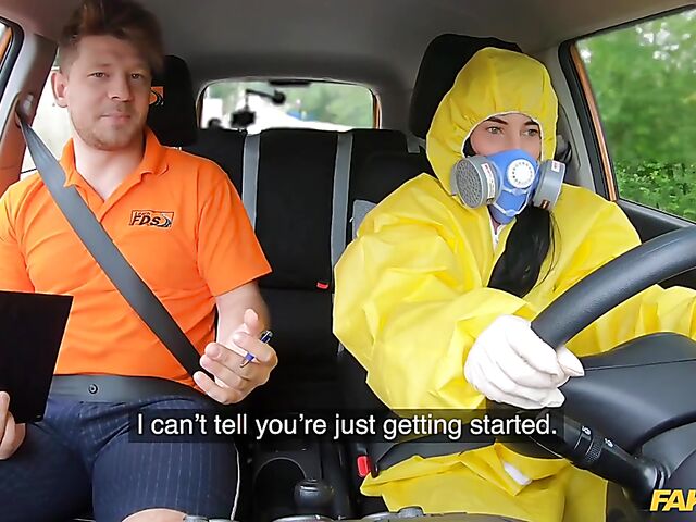 Crazy sex in car with student driver Lexi Dona in hazmat suit and lace lingerie