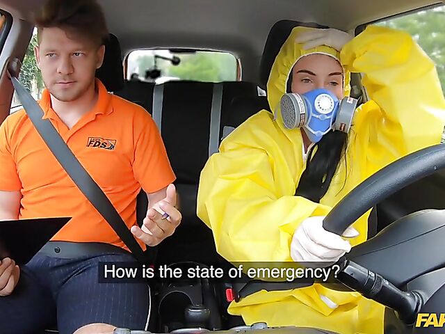 Crazy sex in car with student driver Lexi Dona in hazmat suit and lace lingerie