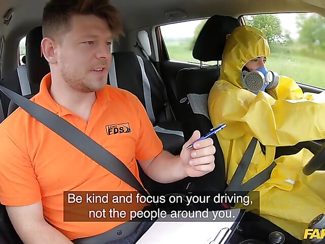 Crazy sex in car with student driver Lexi Dona in hazmat suit and lace lingerie