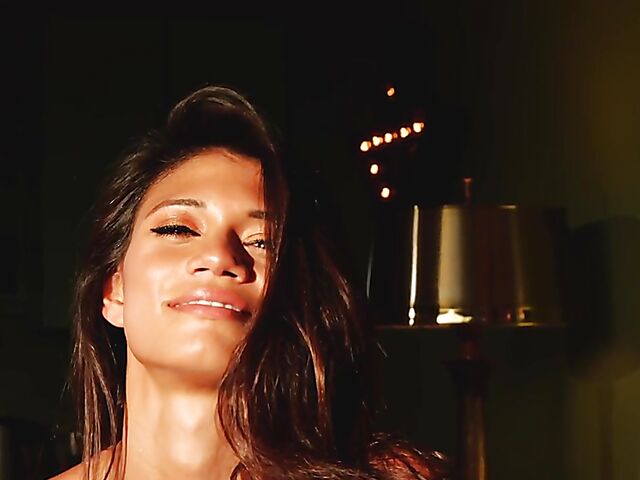 Skinny brunette model with tiny tits Hanna Le posing totally nude