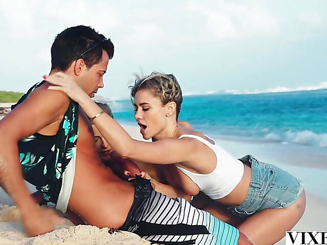 Caribbean outdoor threesome on vacation with Addie Andrews and Cayenne Klein