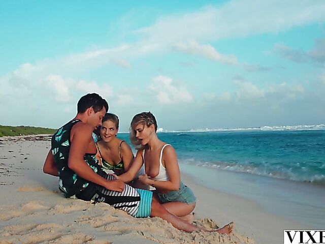 Caribbean outdoor threesome on vacation with Addie Andrews and Cayenne Klein