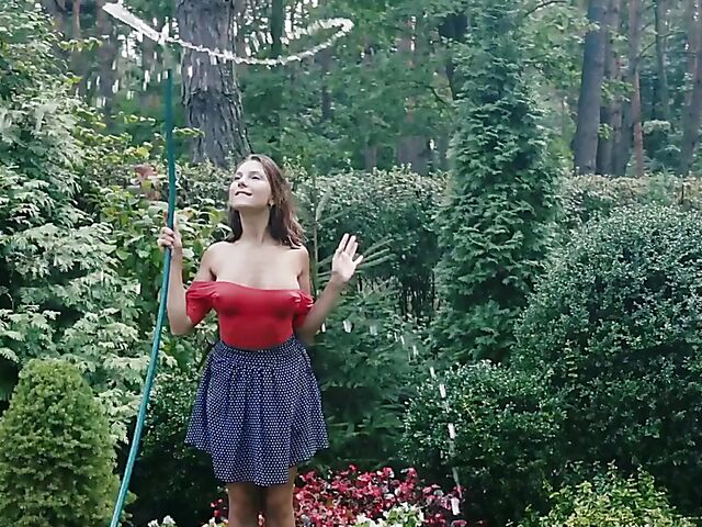 Outdoor solo strip tease in the garden with perfect babe Belka