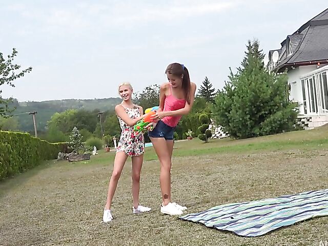 Lesbian outdoor games BTS with skinny girls Cindy Shine and Kiara Cole