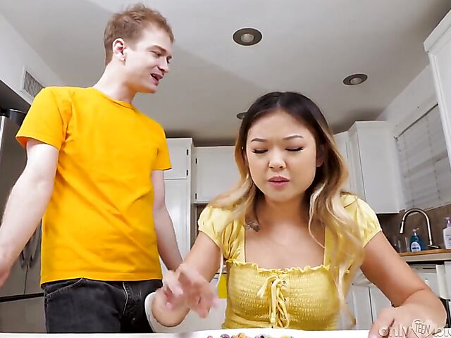Lulu Chu - Asian teen blowjob in the middle of the kitchen