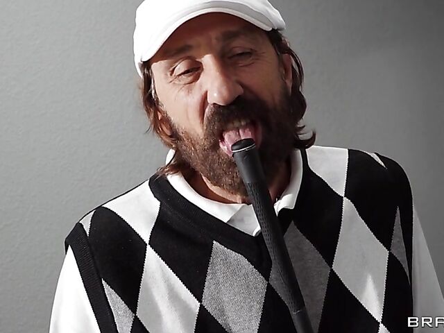 Horny teen with glasses Katie Kush plays golf indoors with an older guy