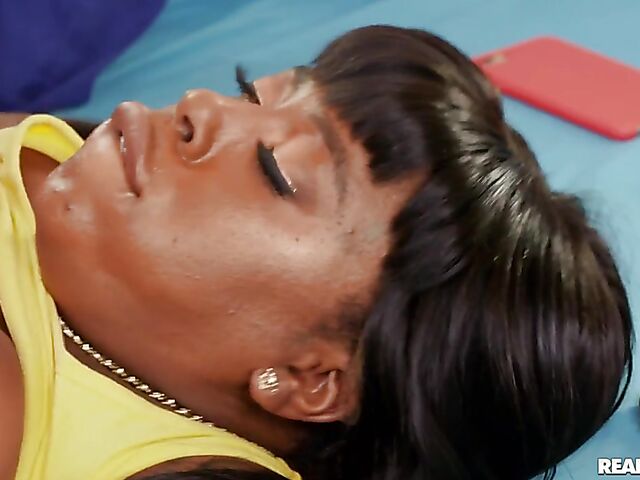 Super curvy ebony fat ass woman Ms London fucks a white cock in her bed