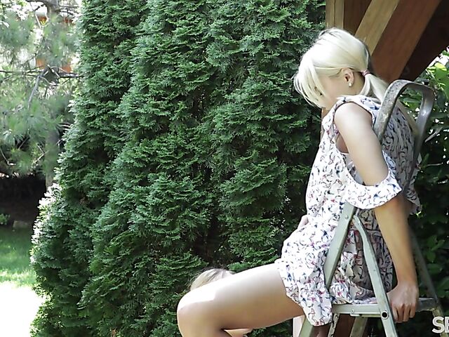 Blonde lesbians with pigtails Angelika and Lika Star make love in the garden