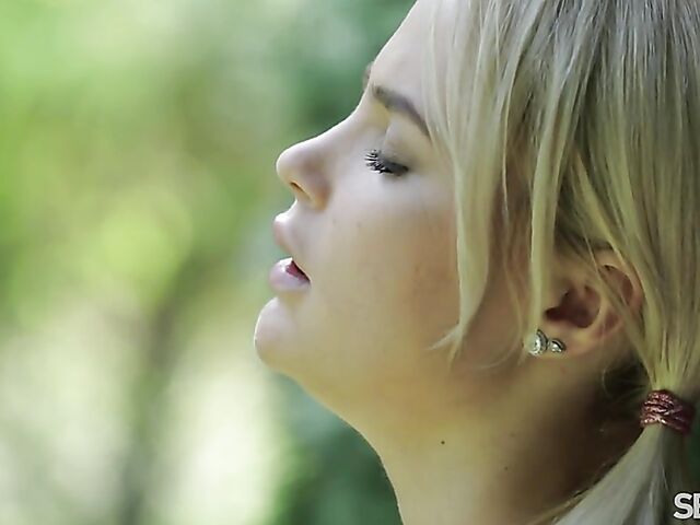 Blonde lesbians with pigtails Angelika and Lika Star make love in the garden