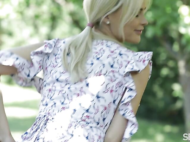 Blonde lesbians with pigtails Angelika and Lika Star make love in the garden