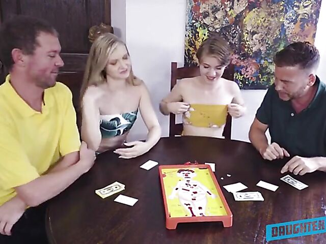 Two teen girls Harlow West and Dakota play strip games with stepdads and have a 4some