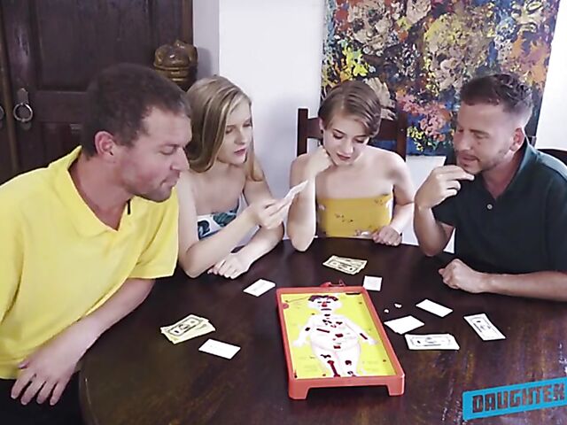 Two teen girls Harlow West and Dakota play strip games with stepdads and have a 4some