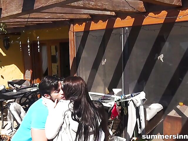 Horny couples go to the garden to have group sex in the sun