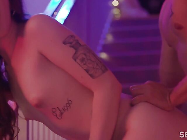 Passionate sex on the stairs with cute babe Evelyn Claire