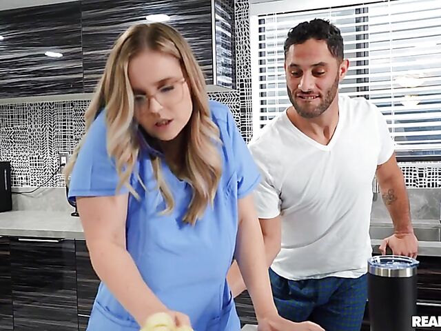 Kitchen sex with busty natural nurse Codi Vore while on the phone with her boss