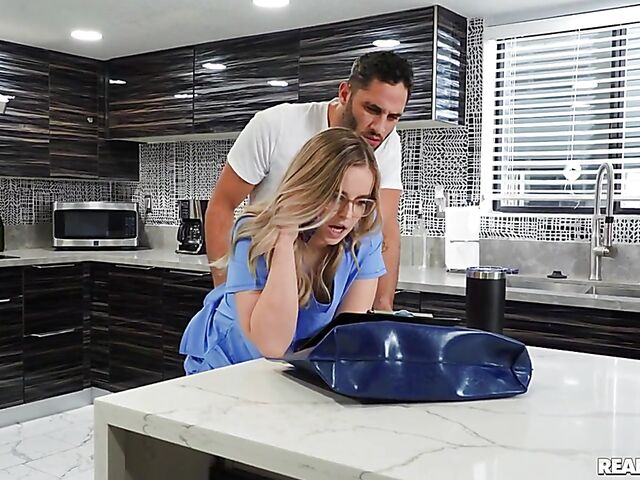 Kitchen sex with busty natural nurse Codi Vore while on the phone with her boss