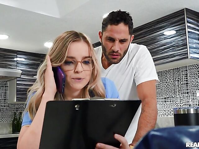 Kitchen sex with busty natural nurse Codi Vore while on the phone with her boss