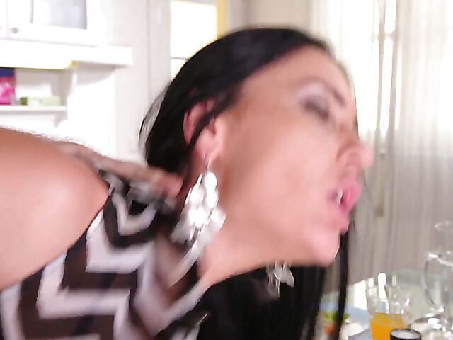 Big titted Romanian sex addict Honey Demon fucks the plumber in the kitchen