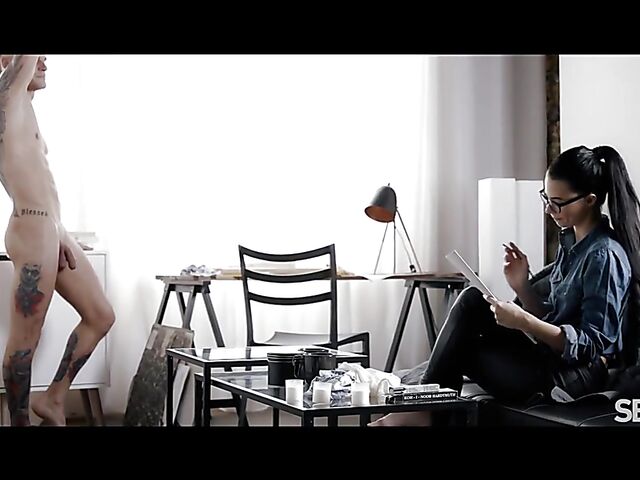  Skinny artist with glasses Jenny Doll having passionate sex with her male model