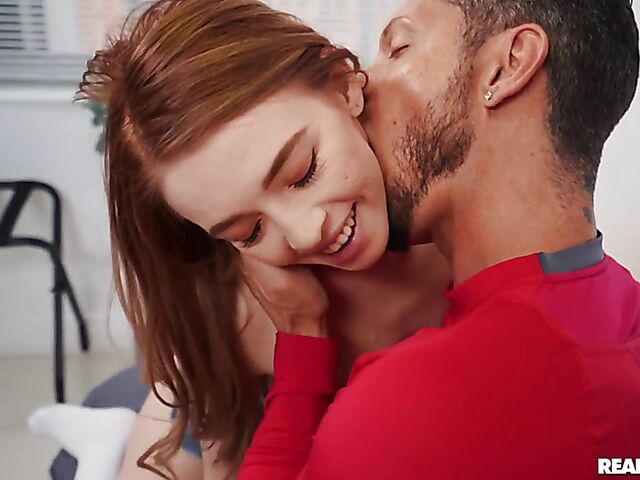 Petite redhead Madi Collins fucking with her jean skirt on