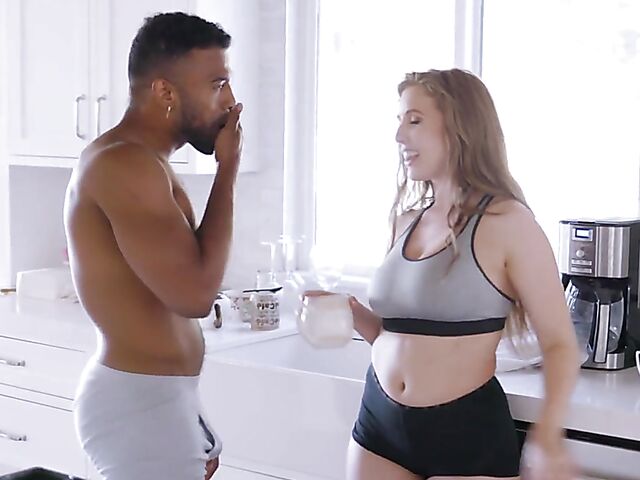 Hot interracial couple Lena Paul and Troy Francisco get it on in the kitchen