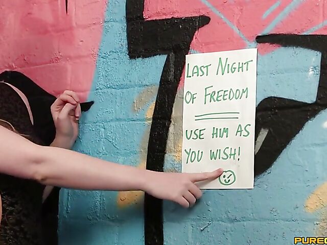 Clothed handjob for a helpless groom-to-be getting shared by Liz Rainbow, Princess Eve and Satine Spark