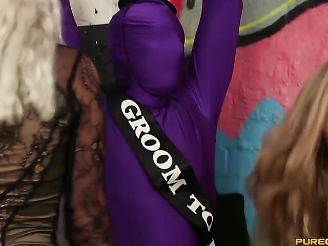 Clothed handjob for a helpless groom-to-be getting shared by Liz Rainbow, Princess Eve and Satine Spark