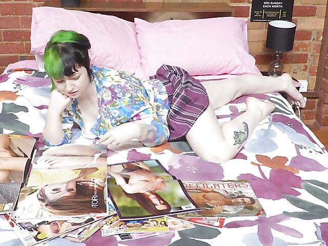 Jessa Belle - Green haired girl masturbating to sexy women from her porn magazine