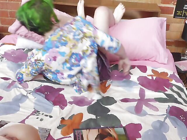 Jessa Belle - Green haired girl masturbating to sexy women from her porn magazine