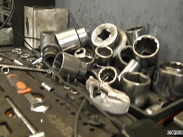 French skinny MILF anal with a mechanic in the garage featuring Justine