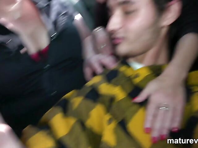 Mature and young boy group fuck in a van