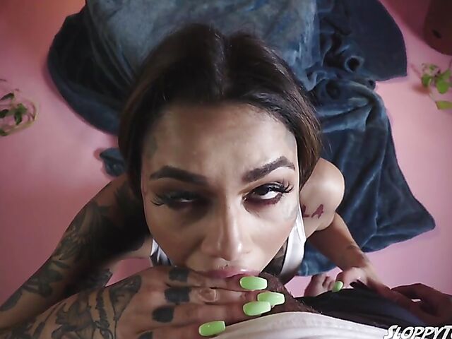 Tattoo POV deepthroat with alt model Genevieve Sinn