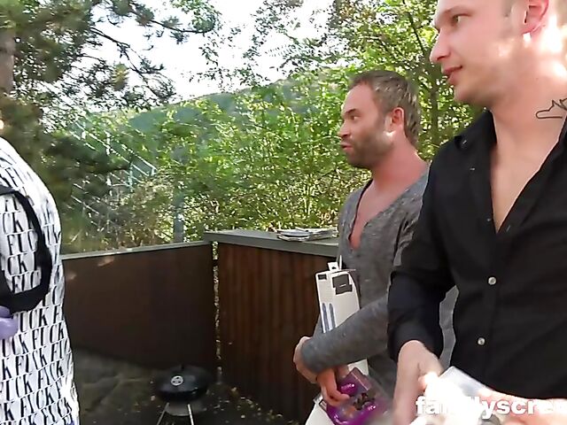 Boys and slutty milfs have group sex outside