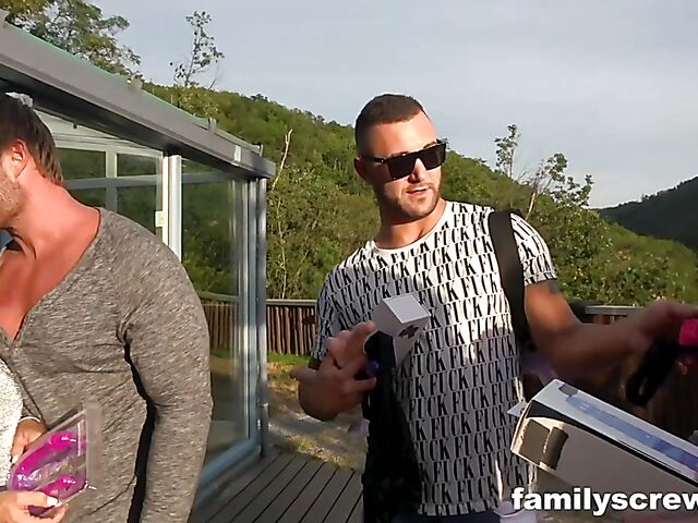 Boys and slutty milfs have group sex outside