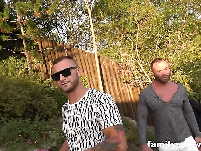 Boys and slutty milfs have group sex outside