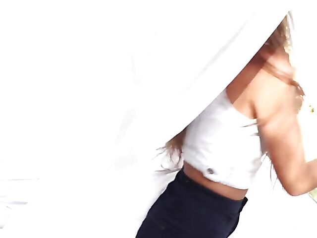 Stunning teen babe Melena spreading and masturbating outside