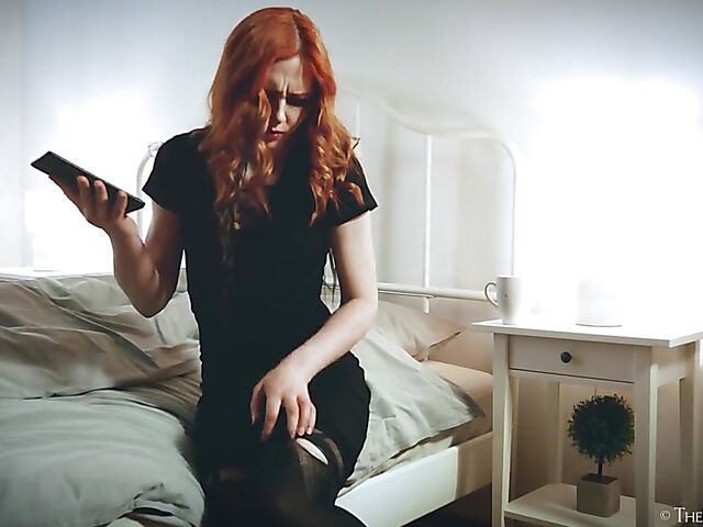 Ripped pantyhose masturbation with redhead in black Lea