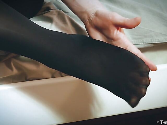 Ripped pantyhose masturbation with redhead in black Lea