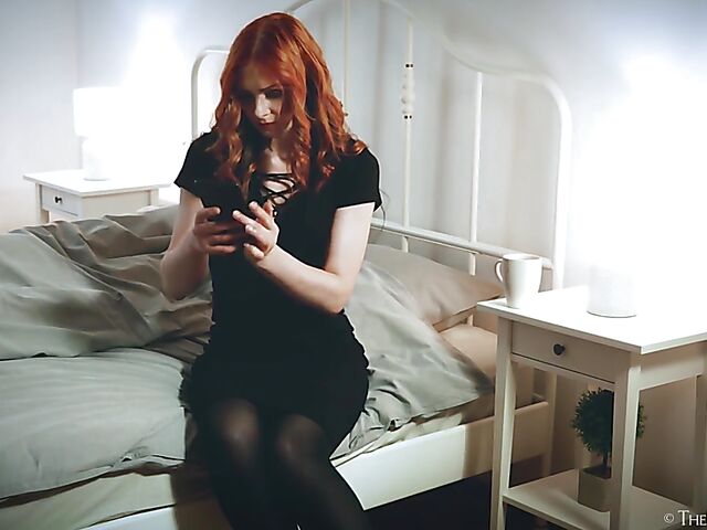 Ripped pantyhose masturbation with redhead in black Lea