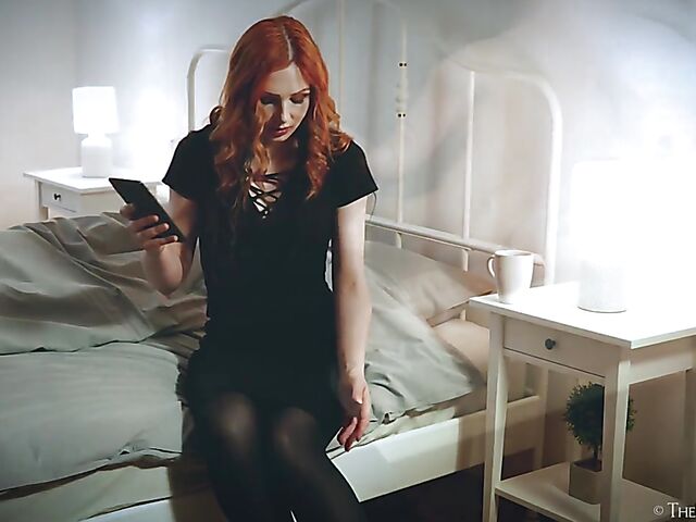 Ripped pantyhose masturbation with redhead in black Lea