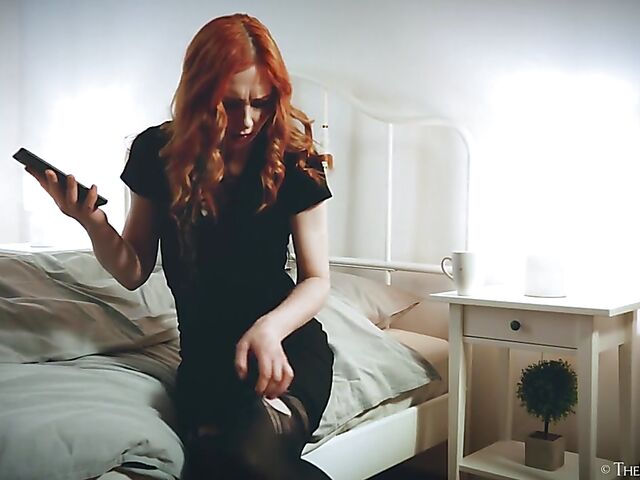 Ripped pantyhose masturbation with redhead in black Lea