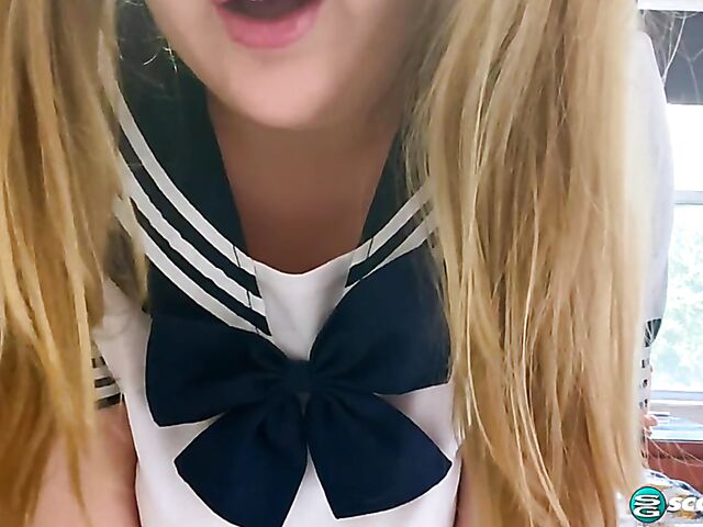 Busty schoolgirl Emma Shay fucks herself with her dildo