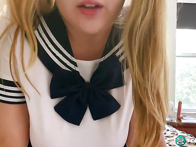 Busty schoolgirl Emma Shay fucks herself with her dildo