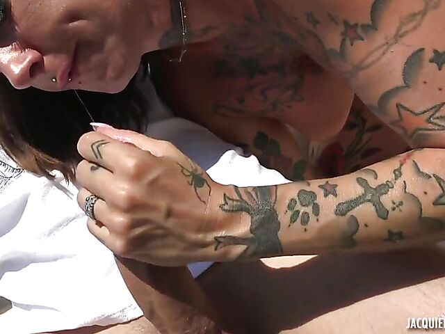 Boat sex with anal featuring a big boobed tattooed MILF from France called Eva