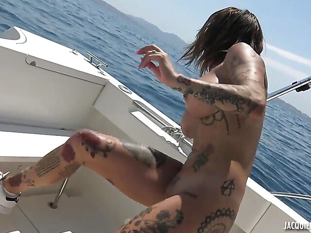 Boat sex with anal featuring a big boobed tattooed MILF from France called Eva