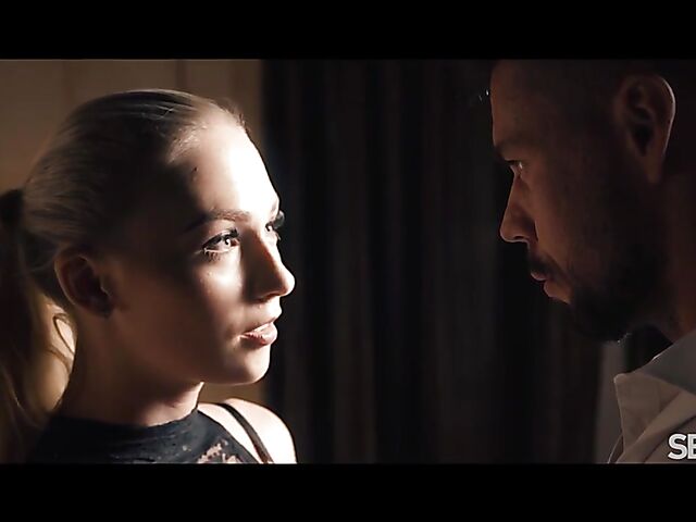 Blindfolded Jenny Wild in a black lingerie having erotic sex after dark with Angelo Godshack