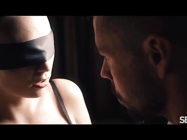 Blindfolded Jenny Wild in a black lingerie having erotic sex after dark with Angelo Godshack