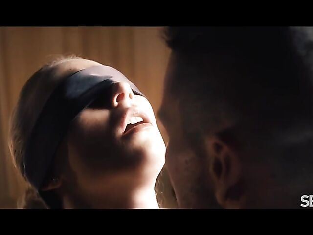 Blindfolded Jenny Wild in a black lingerie having erotic sex after dark with Angelo Godshack